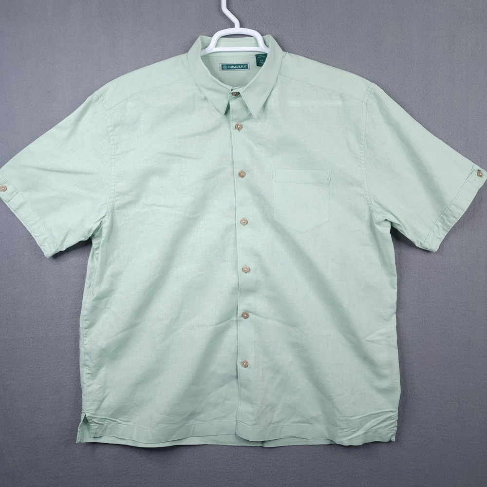 Cubavera Mens XL Short Sleeve Button Up Shirt Linen Blend Sage Green Casual XL